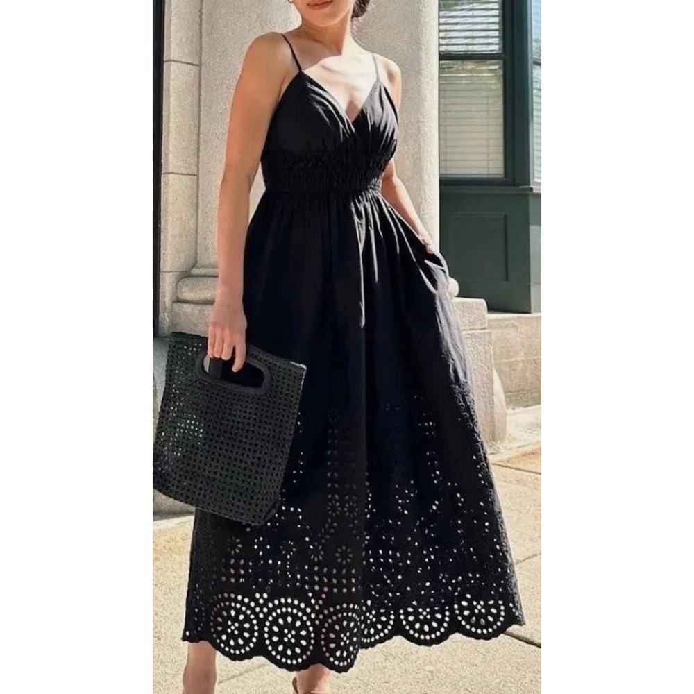 NEW J. Crew Poplin Cotton V Neck Smocked Embroidered Eyelet Midi Dress Black 22